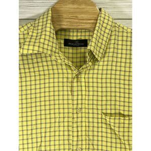 Bugatchi Uomo Men's Button Front Short Sleeve Yellow Brown‎ Green Check Size XL